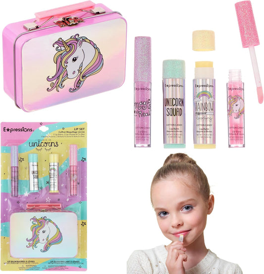 Magical Unicorn 5-Piece Kids Cosmetics Lip Kit with Glosses, Balms & Holographic Storage Case - Washable & Non-Toxic Fun for Ages 3 to 14