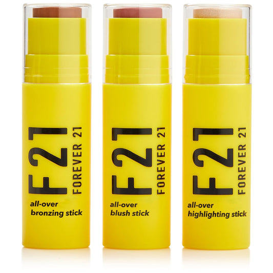 Elevate Your Glow with F21 Beauty All Over Sticks - Set of 3 Light Shades Featuring Bronzer, Blush, and Highlighter for a Flawless Finish
